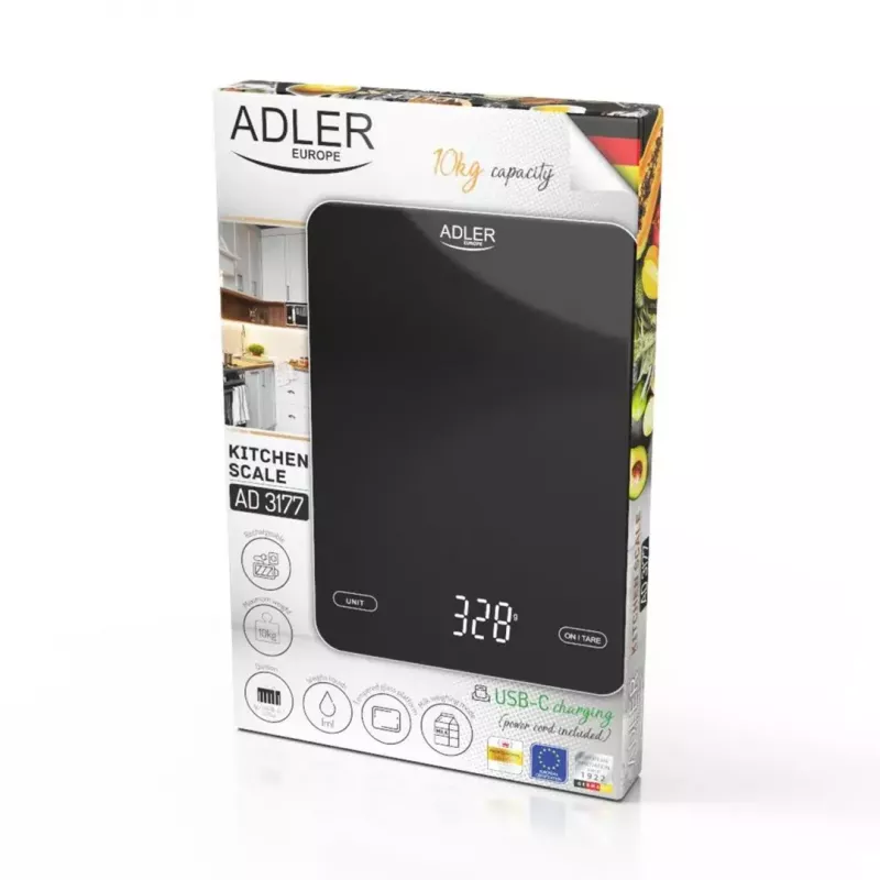 Elektroninė virtuvės svarstyklė Adler AD 3177b — 10 kg talpa, 1 g tikslumas, juoda, stiklinis viršus