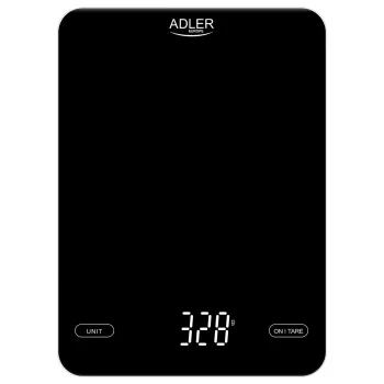 Elektroninė virtuvės svarstyklė Adler AD 3177b — 10 kg talpa, 1 g tikslumas, juoda, stiklinis viršus