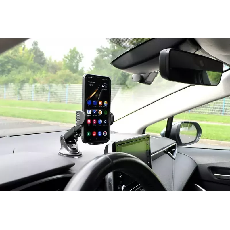 Automobilinio telefono laikiklis IBOX H-9 reguliuojamu kampu universaliai pritaikomas išmaniesiems telefonams, siurbtuko tvirtinimas, juodas, plastikinis