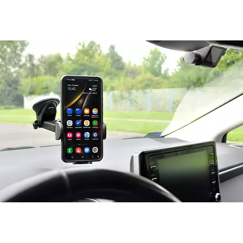 Automobilinio telefono laikiklis IBOX H-9 reguliuojamu kampu universaliai pritaikomas išmaniesiems telefonams, siurbtuko tvirtinimas, juodas, plastikinis