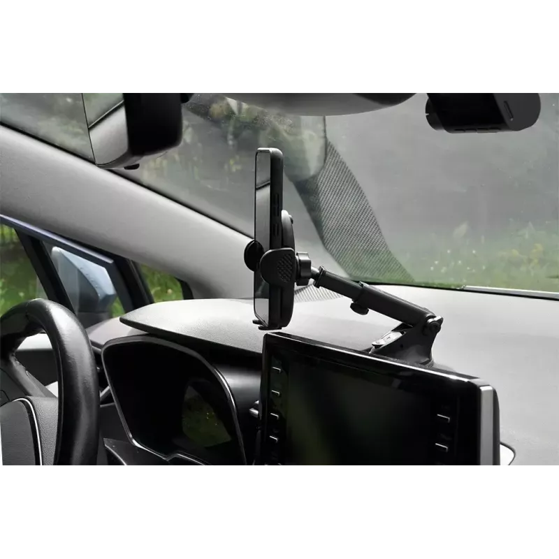 Automobilinio telefono laikiklis IBOX H-9 reguliuojamu kampu universaliai pritaikomas išmaniesiems telefonams, siurbtuko tvirtinimas, juodas, plastikinis