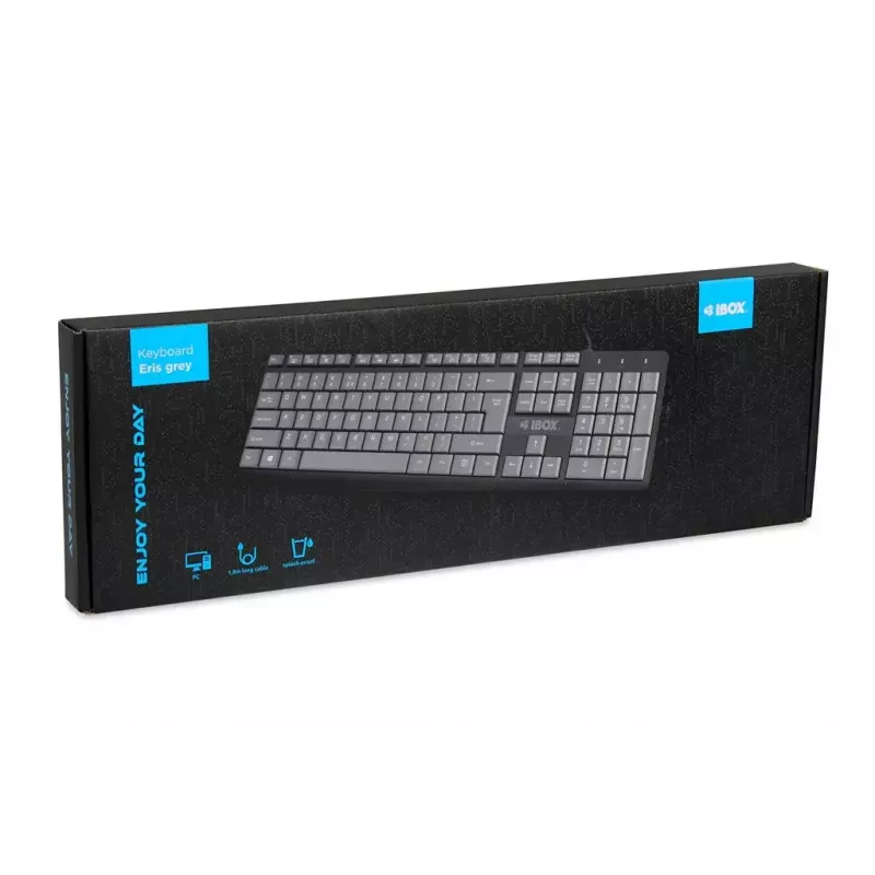 Laidinė USB klaviatūra IBOX Eris IKC2010G — pilno dydžio 105 klavišai, USB, pilka/juoda, atspari vandeniui, 1,8 m laidas