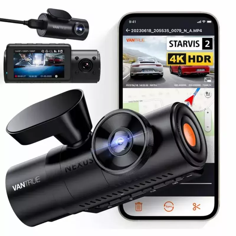 Vaizdo registratorius VANTRUE N4 PRO 3 kanalų, pagrindinė 3840×2160, 165° priekinė, 160° vidaus, GPS, Wi‑Fi, IPS ekranas, MicroSD iki 512GB