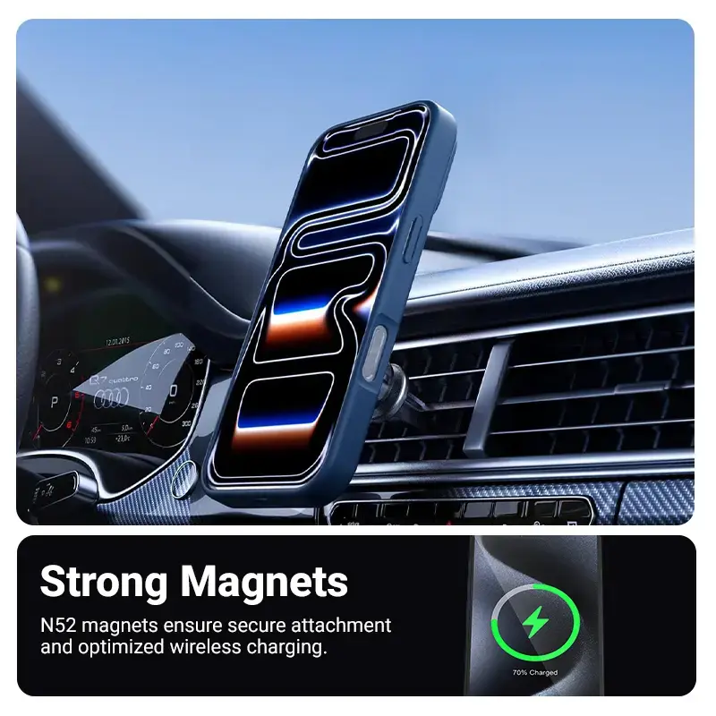 Apsauginis MagSafe telefono dėklas Crong Hybrid Matte Magnetic iPhone 17 Pro — PC + TPU, peršviečiama tamsiai mėlyna