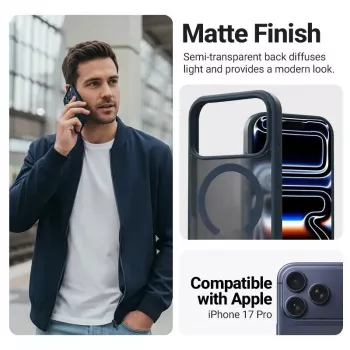 Apsauginis MagSafe telefono dėklas Crong Hybrid Matte Magnetic iPhone 17 Pro — PC + TPU, peršviečiama tamsiai mėlyna