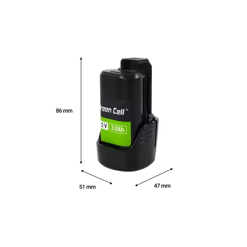 Belaidžio įrankio baterija Green Cell PTBO12V3 — Li‑Ion 3 Ah, matmenys 5,1×4,7×8,6 cm