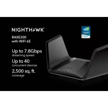 NETGEAR Nighthawk AXE7800 WiFi maršrutizatorius (RAXE300), Wi-Fi 6 (802.11ax), Tri-band (2,4 GHz / 5 GHz / 5 GHz), Ethernet LAN, juoda, nešiojamas maršrutizatorius