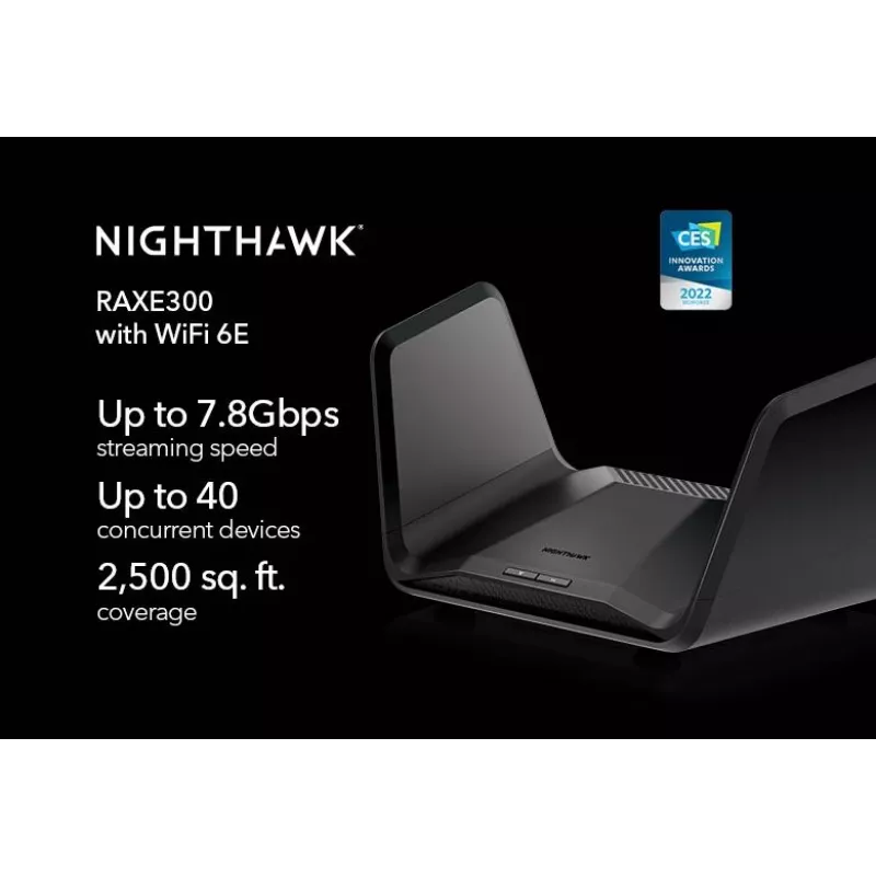 NETGEAR Nighthawk AXE7800 WiFi maršrutizatorius (RAXE300), Wi-Fi 6 (802.11ax), Tri-band (2,4 GHz / 5 GHz / 5 GHz), Ethernet LAN, juoda, nešiojamas maršrutizatorius