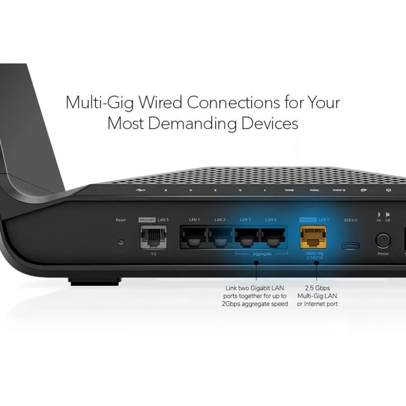 NETGEAR Nighthawk AXE7800 WiFi maršrutizatorius (RAXE300), Wi-Fi 6 (802.11ax), Tri-band (2,4 GHz / 5 GHz / 5 GHz), Ethernet LAN, juoda, nešiojamas maršrutizatorius