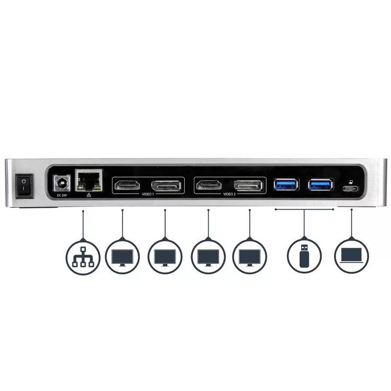 StarTech.com USB-C ir USB-A dokas – dviejų monitorių 4K 60Hz dokas DisplayPort + HDMI – hibridinė USB 3.0 prijungimo stotelė USB-C arba USB-A nešiojamiesiems kompiuteriams – 6x USB Type-A, GbE – USB 3.1 Gen 1 – Mac/Windows