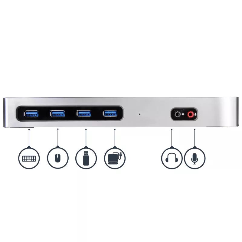 StarTech.com USB-C ir USB-A dokas – dviejų monitorių 4K 60Hz dokas DisplayPort + HDMI – hibridinė USB 3.0 prijungimo stotelė USB-C arba USB-A nešiojamiesiems kompiuteriams – 6x USB Type-A, GbE – USB 3.1 Gen 1 – Mac/Windows