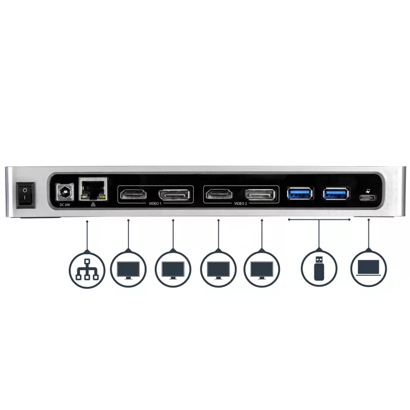 StarTech.com USB-C ir USB-A dokas – dviejų monitorių 4K 60Hz dokas DisplayPort + HDMI – hibridinė USB 3.0 prijungimo stotelė USB-C arba USB-A nešiojamiesiems kompiuteriams – 6x USB Type-A, GbE – USB 3.1 Gen 1 – Mac/Windows
