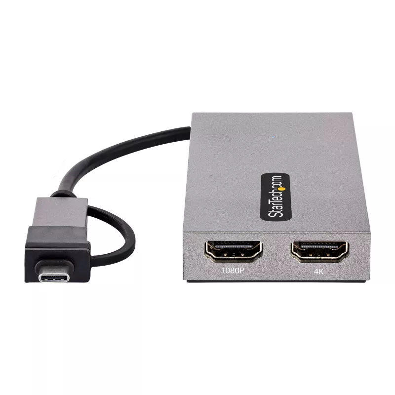 StarTech.com USB prie dviejų HDMI adapterio, USB A/C prie 2 HDMI ekranų (1x 4K30Hz, 1x 1080p), integruotas USB-A į C adapteris, 10 cm kabelis, USB 3.0 į HDMI ekrano adapteris, Windows ir macOS