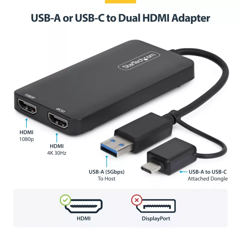 StarTech.com USB prie dviejų HDMI adapterio, USB A/C prie 2 HDMI ekranų (1x 4K30Hz, 1x 1080p), integruotas USB-A į C adapteris, 10 cm kabelis, USB 3.0 į HDMI ekrano adapteris, Windows ir macOS