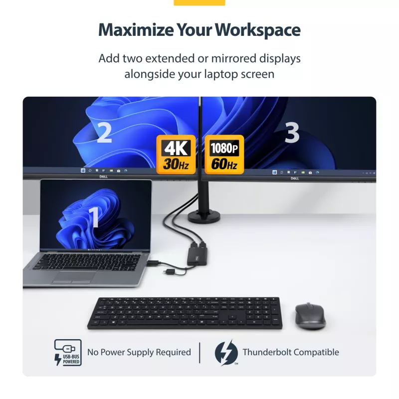 StarTech.com USB prie dviejų HDMI adapterio, USB A/C prie 2 HDMI ekranų (1x 4K30Hz, 1x 1080p), integruotas USB-A į C adapteris, 10 cm kabelis, USB 3.0 į HDMI ekrano adapteris, Windows ir macOS