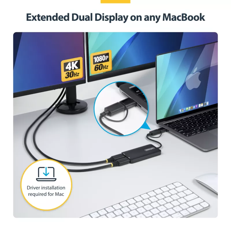 StarTech.com USB prie dviejų HDMI adapterio, USB A/C prie 2 HDMI ekranų (1x 4K30Hz, 1x 1080p), integruotas USB-A į C adapteris, 10 cm kabelis, USB 3.0 į HDMI ekrano adapteris, Windows ir macOS