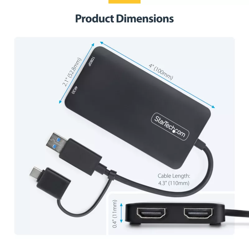 StarTech.com USB prie dviejų HDMI adapterio, USB A/C prie 2 HDMI ekranų (1x 4K30Hz, 1x 1080p), integruotas USB-A į C adapteris, 10 cm kabelis, USB 3.0 į HDMI ekrano adapteris, Windows ir macOS