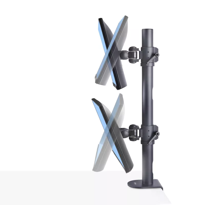 StarTech.com stalinis laikiklis 2 vertikaliai sukrautiems monitoriams, dvigubas 49 colių, bendra apkrova 70 svarų (32 kg), C formos spaustuvas, greito atlaisvinimo VESA sistema, plačiaekranis 16:9 / itin platus 32:9, TAA