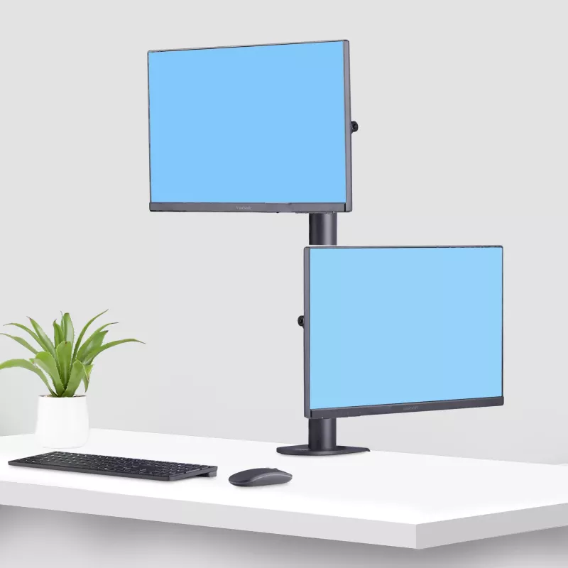 StarTech.com stalinis laikiklis 2 vertikaliai sukrautiems monitoriams, dvigubas 49 colių, bendra apkrova 70 svarų (32 kg), C formos spaustuvas, greito atlaisvinimo VESA sistema, plačiaekranis 16:9 / itin platus 32:9, TAA