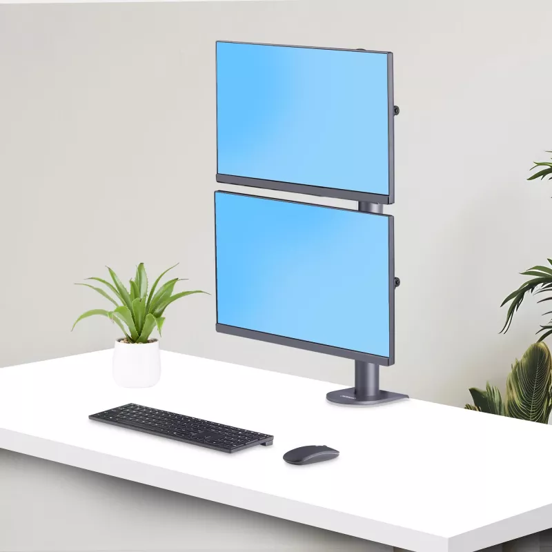 StarTech.com stalinis laikiklis 2 vertikaliai sukrautiems monitoriams, dvigubas 49 colių, bendra apkrova 70 svarų (32 kg), C formos spaustuvas, greito atlaisvinimo VESA sistema, plačiaekranis 16:9 / itin platus 32:9, TAA