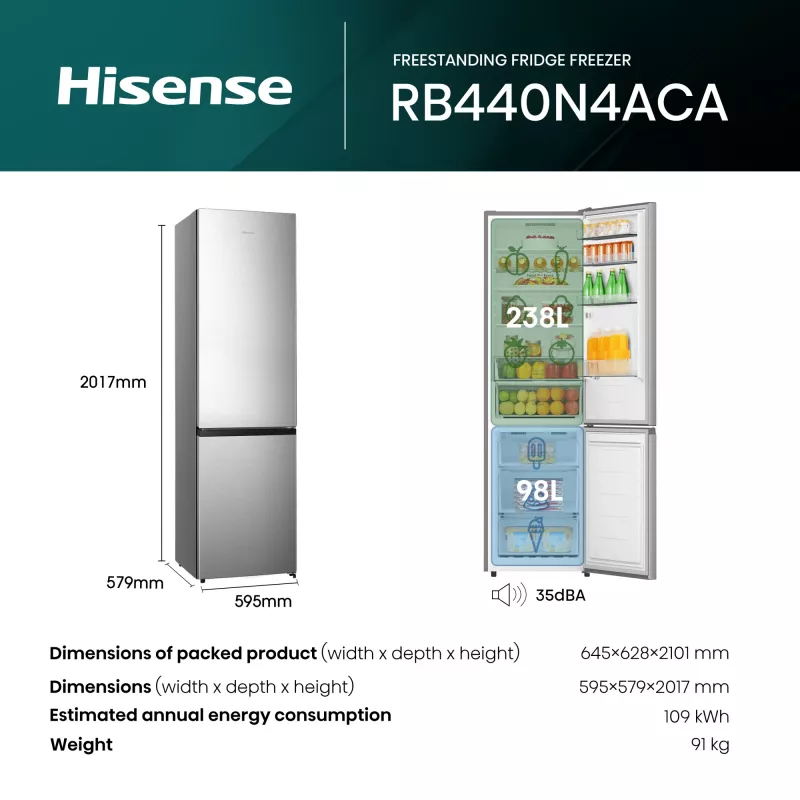 Hisense RB440N4ACA Laisvai pastatomas 336 L Nerūdijantis plienas