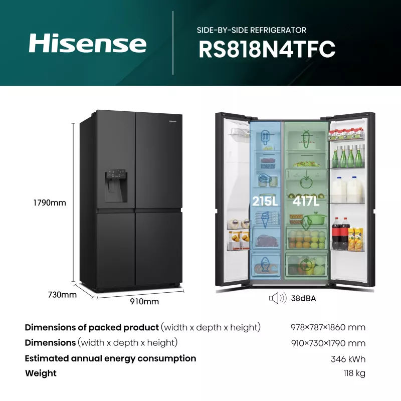 Hisense RS818N4TFC šaldytuvas-šaldiklis side-by-side Laisvai pastatomas 632 L Juoda, Nerūdijantis plienas