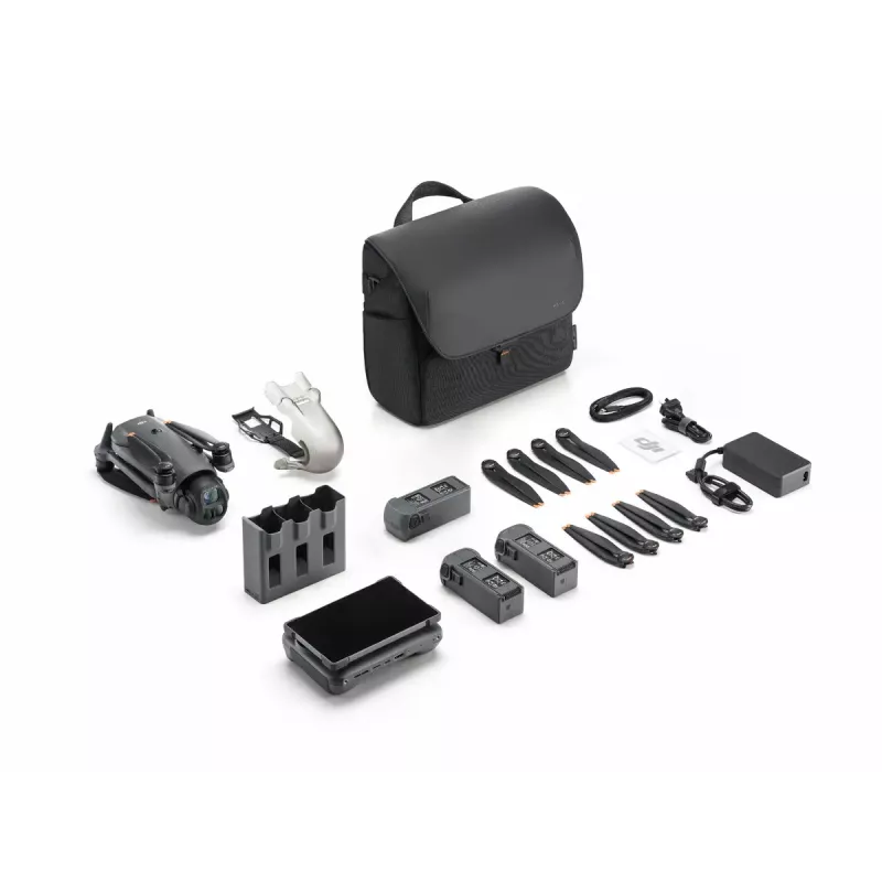 DJI Mavic 4 Pro kvadrokopteris — 100 MP kamera, 12288×8192 px, 6654 mAh baterija, 41000 m nuotolis, 27 m/s, 1,063 kg, pilka