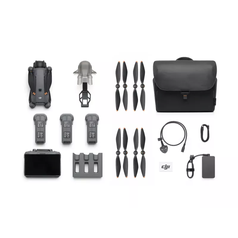 DJI Mavic 4 Pro kvadrokopteris — 100 MP kamera, 12288×8192 px, 6654 mAh baterija, 41000 m nuotolis, 27 m/s, 1,063 kg, pilka