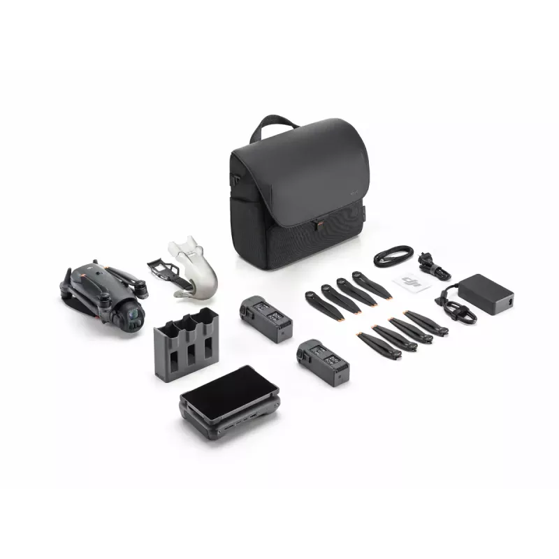 DJI Mavic 4 Pro kvadrokopteris — 100 MP kamera, 12288×8192 px, 6654 mAh baterija, 41000 m nuotolis, 27 m/s, 1,063 kg, pilka