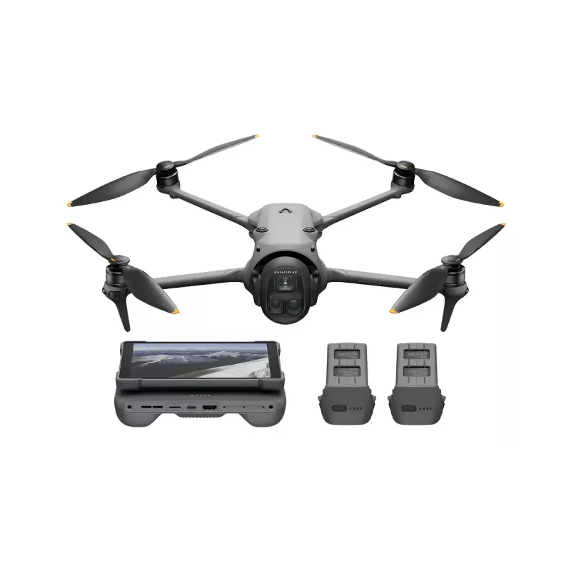 DJI Mavic 4 Pro kvadrokopteris — 100 MP kamera, 12288×8192 px, 6654 mAh baterija, 41000 m nuotolis, 27 m/s, 1,063 kg, pilka