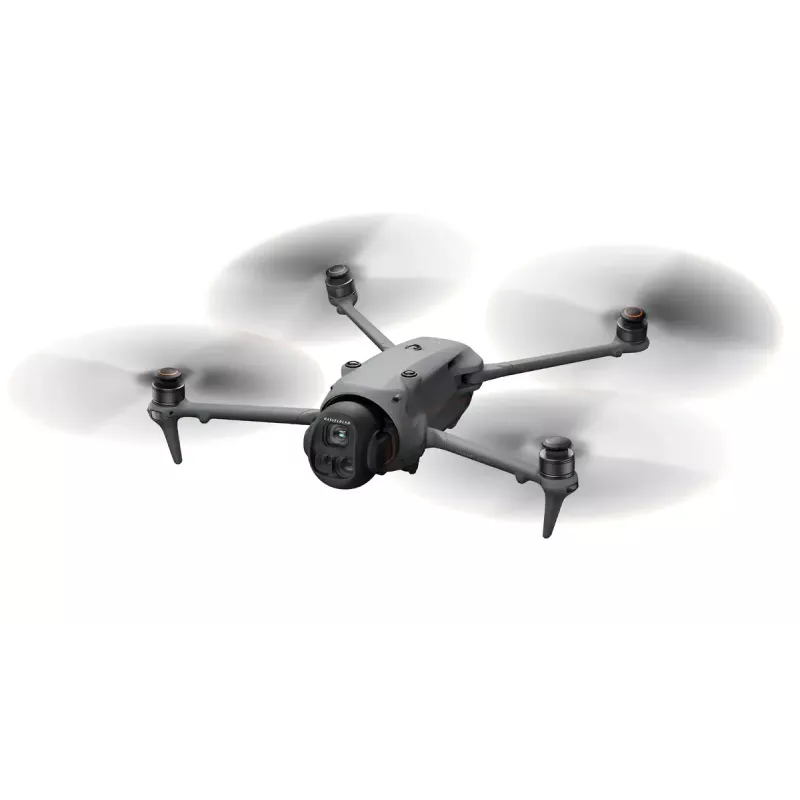 DJI Mavic 4 Pro kvadrokopteris — 100 MP kamera, 12288×8192 px, 6654 mAh baterija, 41000 m nuotolis, 27 m/s, 1,063 kg, pilka