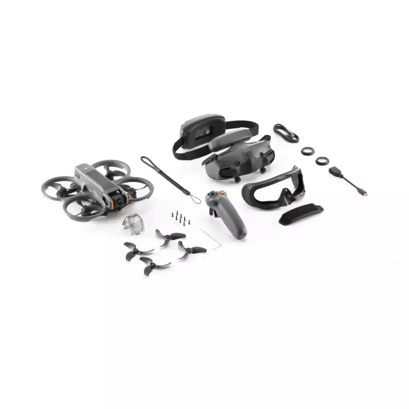 Dronas DJI Avata 2 Fly Smart Combo — 4 rotorių kvadrokopteris, 48 MP kamera, 3840×2160 vaizdo įrašas, 2150 mAh baterija, Wi‑Fi ir Bluetooth