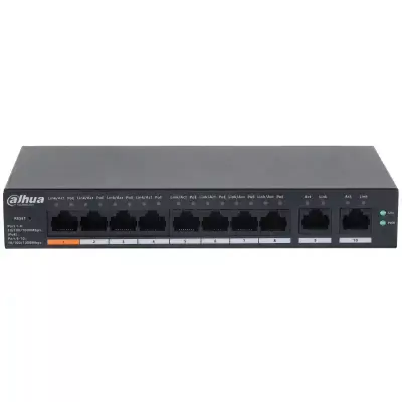 Valdomas L2 Gigabit PoE komutatorius DAHUA CS4010-8GT-60 — 10x Gigabit (10/100/1000), 20 Gbit/s, 8000 MAC, Stalinis/Sieninis, Juoda