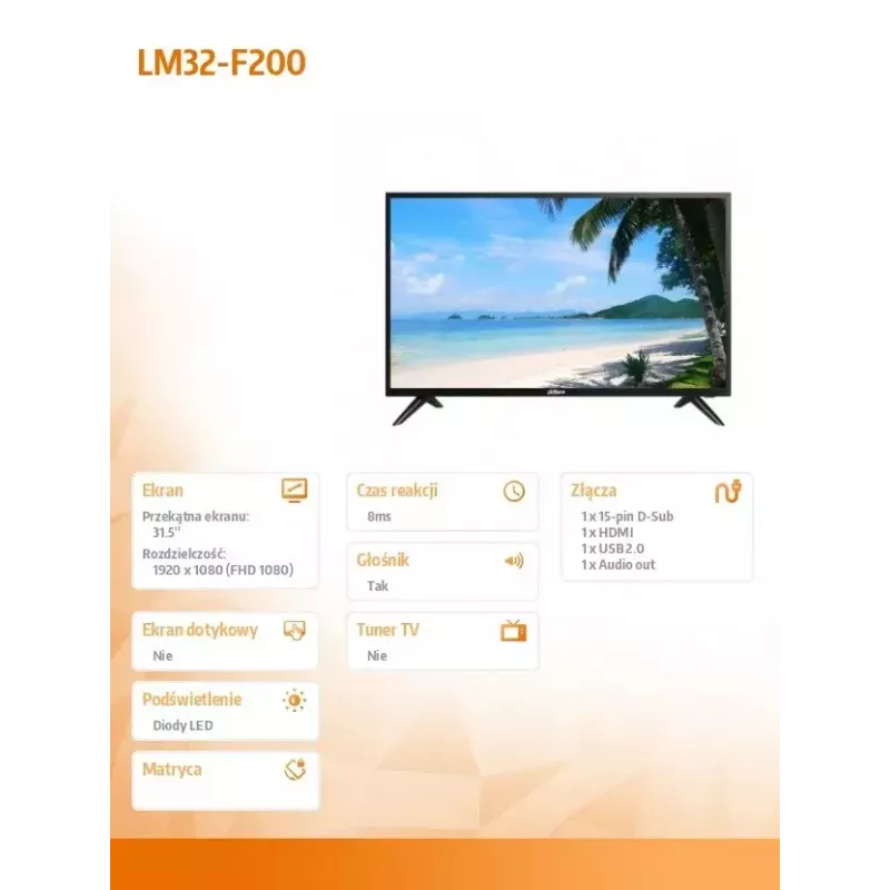 LCD monitorius DAHUA LM32-F200 31,5 colio Full HD 1920x1080 LED, 60 Hz, 8 ms, HDMI+VGA, garsiakalbiai, VESA 75x75