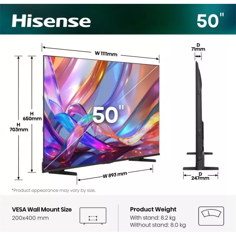 TV Hisense 50Q7S 50 colių (127 cm) QLED 4K Ultra HD išmanusis televizorius, Direct-LED, HomeOS, Wi‑Fi, juodas
