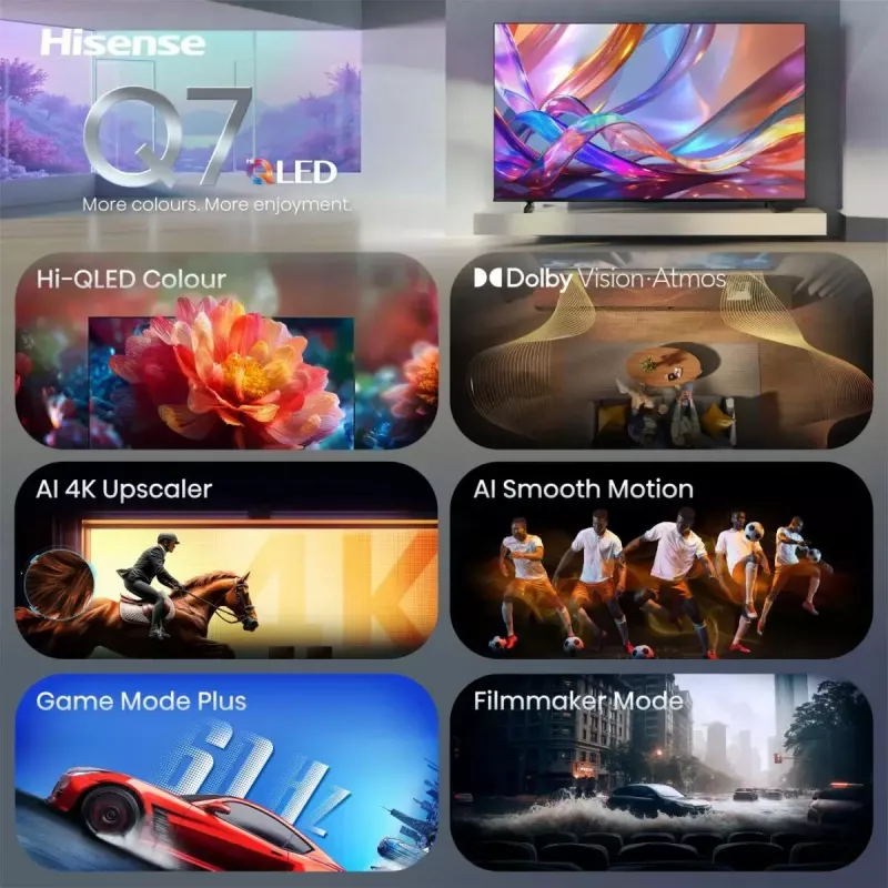 TV Hisense 50Q7S 50 colių (127 cm) QLED 4K Ultra HD išmanusis televizorius, Direct-LED, HomeOS, Wi‑Fi, juodas