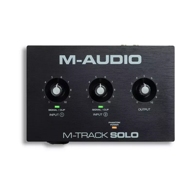 Garso sąsaja M-Audio M-Track Solo — USB 16 bitų/48 kHz, 1 įvestis/1 išvestis, kombinuotas XLR/TRS ir instrumento įvestis, 48 V fantominis maitinimas, ausinių išvestis