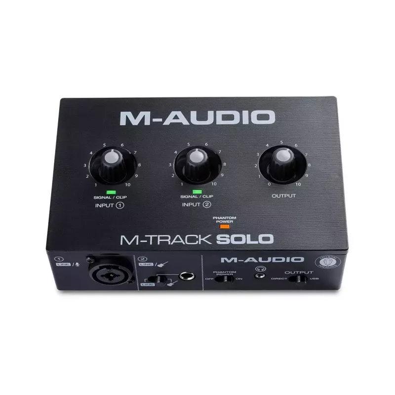 Garso sąsaja M-Audio M-Track Solo — USB 16 bitų/48 kHz, 1 įvestis/1 išvestis, kombinuotas XLR/TRS ir instrumento įvestis, 48 V fantominis maitinimas, ausinių išvestis