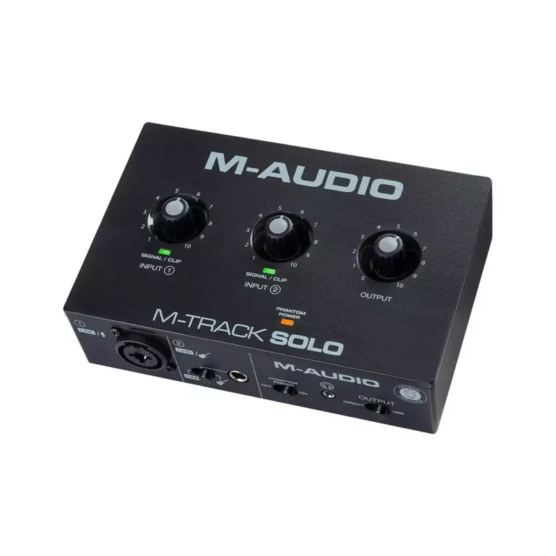 Garso sąsaja M-Audio M-Track Solo — USB 16 bitų/48 kHz, 1 įvestis/1 išvestis, kombinuotas XLR/TRS ir instrumento įvestis, 48 V fantominis maitinimas, ausinių išvestis