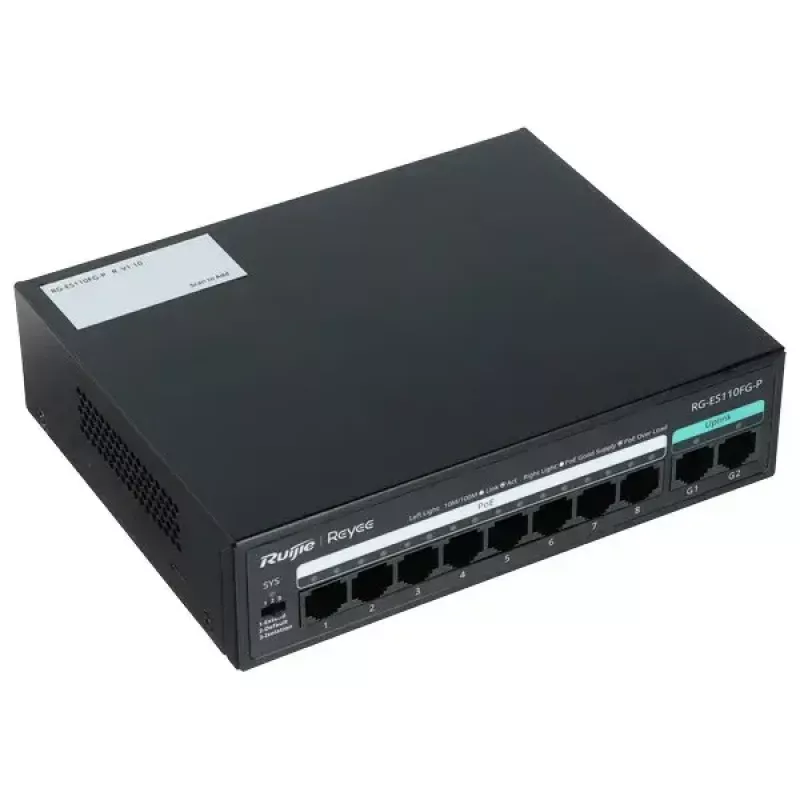RUIJIE nevaldomas PoE komutatorius RG-ES110FG-P — 10 prievadų Gigabitinis (10/100/1000) su 1 SFP, 120W, 20 Gbps komutavimo