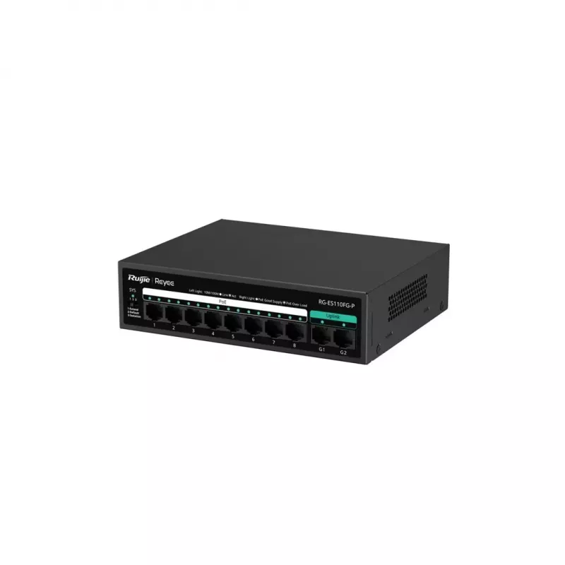 RUIJIE nevaldomas PoE komutatorius RG-ES110FG-P — 10 prievadų Gigabitinis (10/100/1000) su 1 SFP, 120W, 20 Gbps komutavimo
