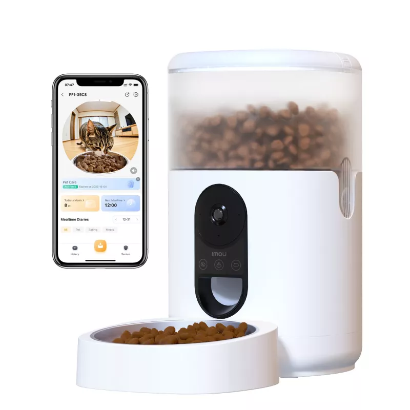 Automatinė gyvūnų ėdalo dalytuvė IMOU PF1 — 4 L nerūdijančio plieno bunkeris, Wi‑Fi 4, baterija / nuolatinė srovė, 1 dubuo