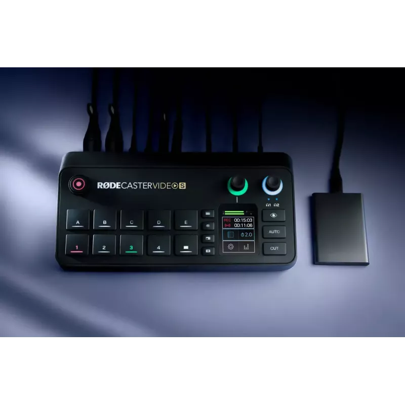 Daugiakanalė podcast'ų ir tiesioginių transliacijų gamybos pultas Rode RodeCaster Video S RCVS-E — jutiklinis ekranas, Wi‑Fi, Bluetooth 5.3, 5x USB-C, 3x HDMI įvestis, 1x HDMI išvestis, microSD