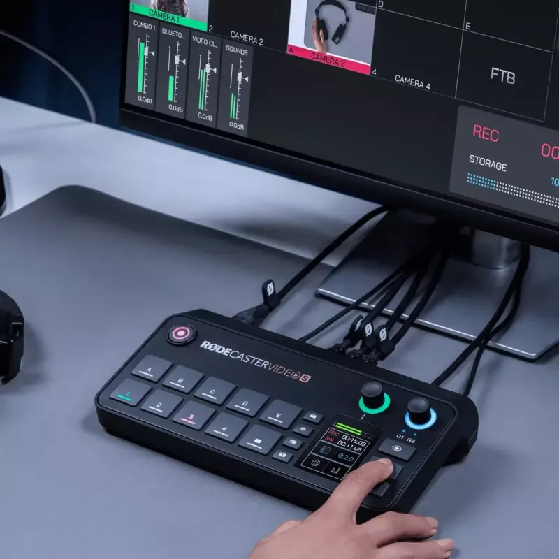 Daugiakanalė podcast'ų ir tiesioginių transliacijų gamybos pultas Rode RodeCaster Video S RCVS-E — jutiklinis ekranas, Wi‑Fi, Bluetooth 5.3, 5x USB-C, 3x HDMI įvestis, 1x HDMI išvestis, microSD