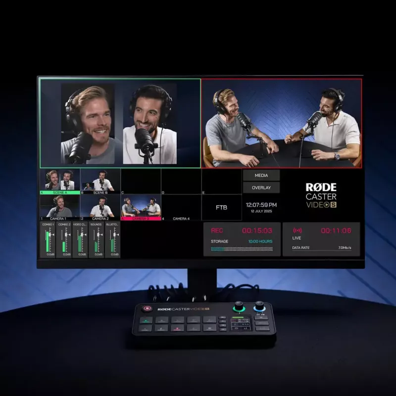 Daugiakanalė podcast'ų ir tiesioginių transliacijų gamybos pultas Rode RodeCaster Video S RCVS-E — jutiklinis ekranas, Wi‑Fi, Bluetooth 5.3, 5x USB-C, 3x HDMI įvestis, 1x HDMI išvestis, microSD