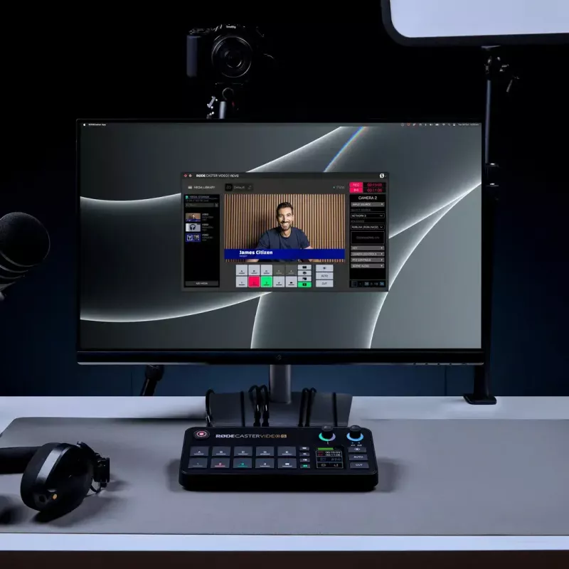Daugiakanalė podcast'ų ir tiesioginių transliacijų gamybos pultas Rode RodeCaster Video S RCVS-E — jutiklinis ekranas, Wi‑Fi, Bluetooth 5.3, 5x USB-C, 3x HDMI įvestis, 1x HDMI išvestis, microSD
