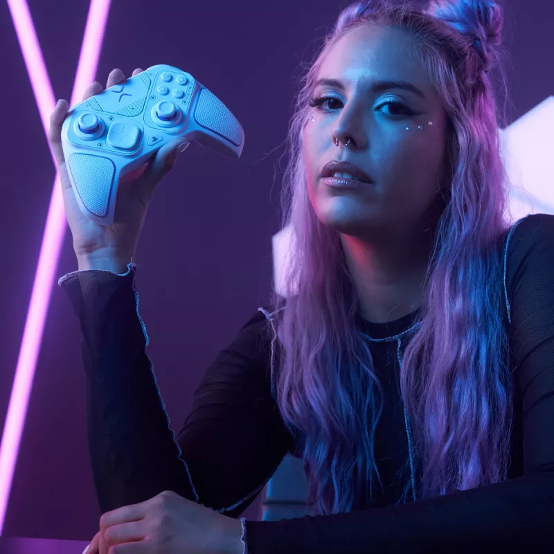 VICTRIX 052-002-WH žaidimų pultas, laidinis ir belaidis, RF/USB, USB-C, 2000 mAh, PC/PS4/PS5, violetinė/baltas