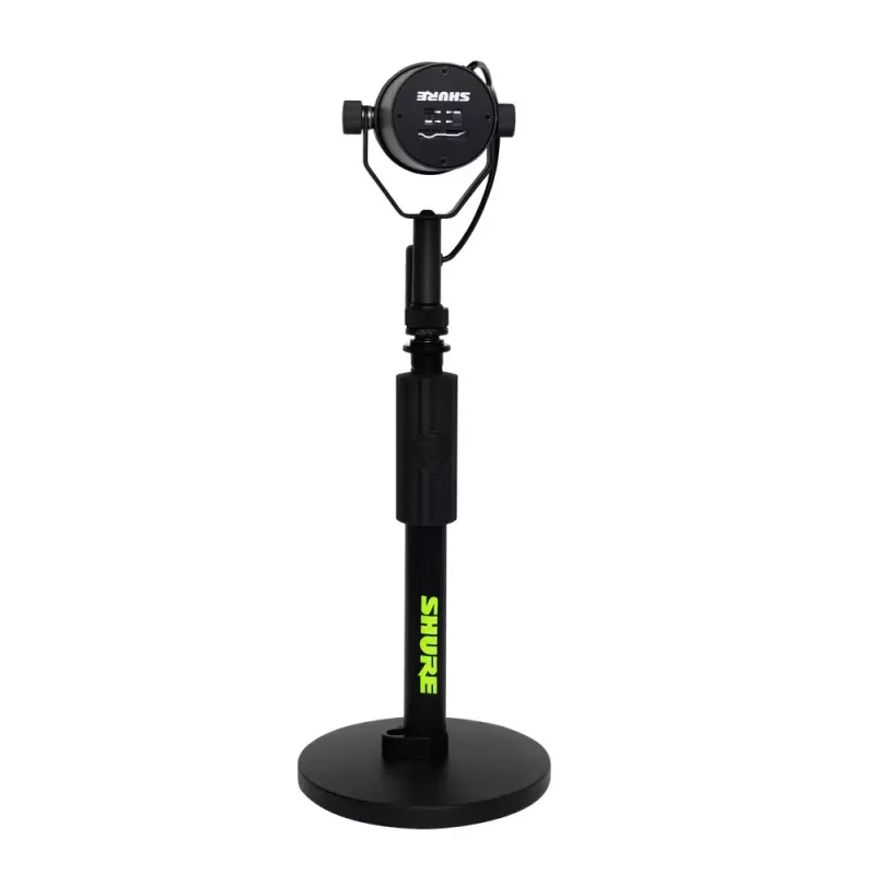 Stalinis mikrofono stovas Shure SH-DESKTOP1, apvalus metalinis pagrindas, 3/8 colio sriegis, aukštis 26,7–40,6 cm, juodas
