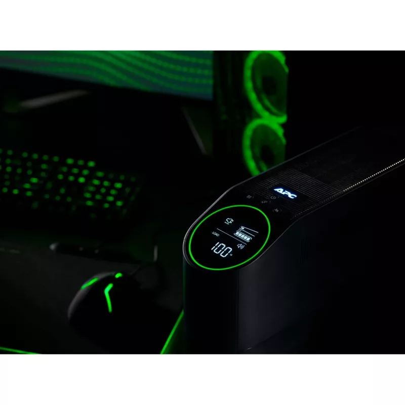 APC Back-UPS Pro žaidimams, 2200VA/1320W, bokštinis, 230V, 2x UK ir 2x IEC C13 lizdai, RGB lemputės, gryna sinusinė banga, Midnight (juoda)