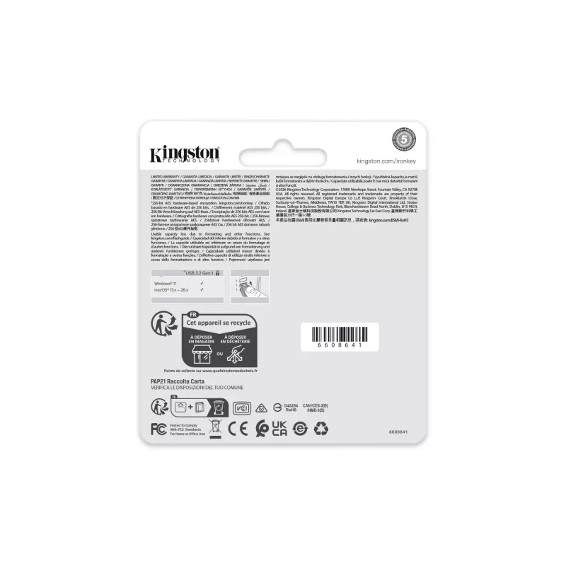 USB Flash Drive KINGSTON IronKey Locker Plus 50 G2 256 GB, USB Type-A, USB 3.2 Gen 1, AES-256, FIPS 197